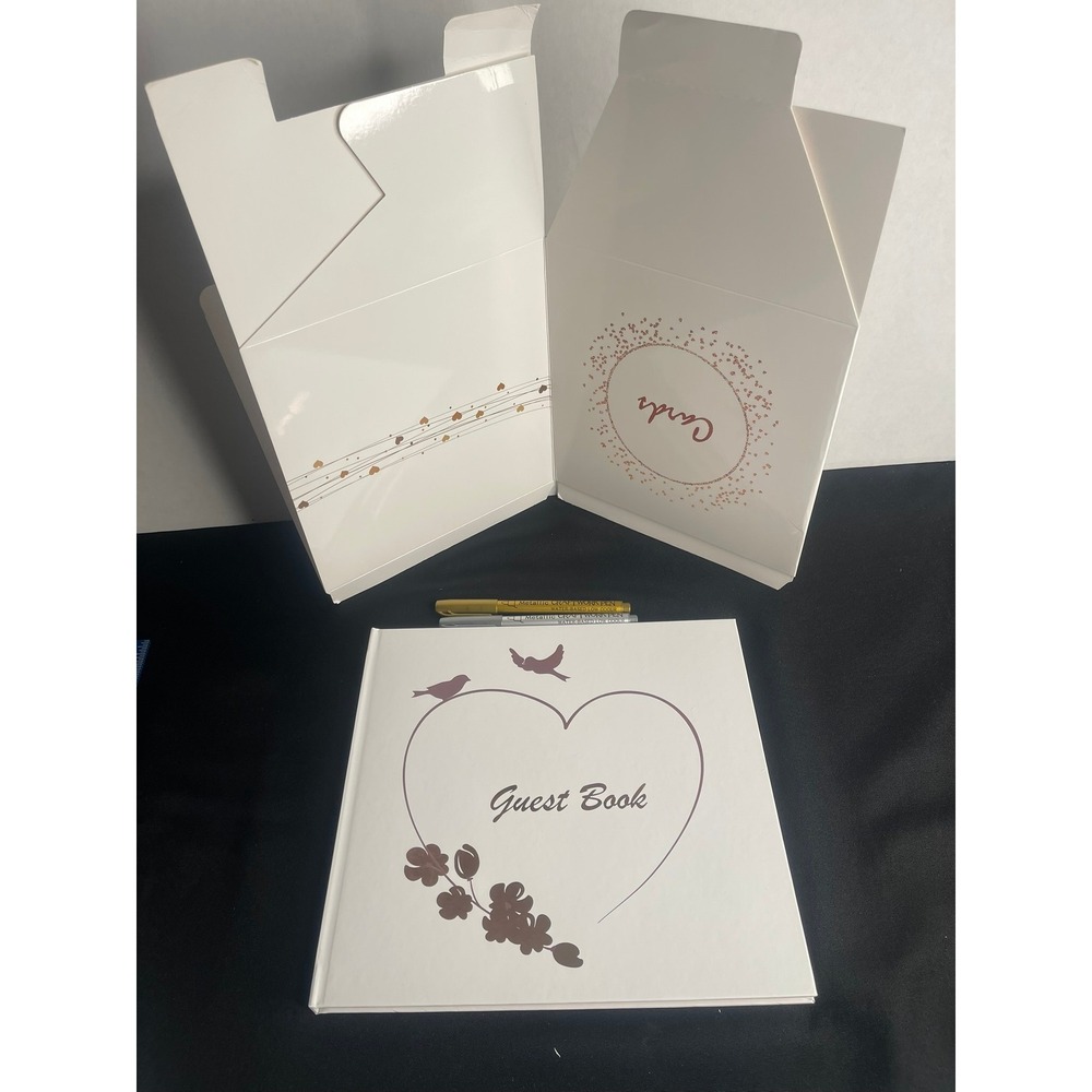Wedding Guest Book‎ and 8x8 Card Box Set with Gold Silver Metallic Pens White
